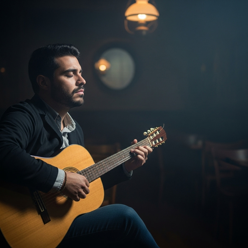 Lonely Musician in Serene Ambiance | Hispanic Male Guitarist Lonely Musician in Serene Ambiance | Hispanic Male Guitarist