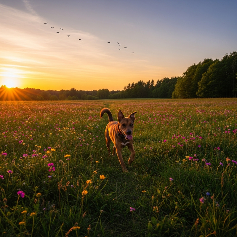Happy Dog Running Among Wildflowers at Sunset