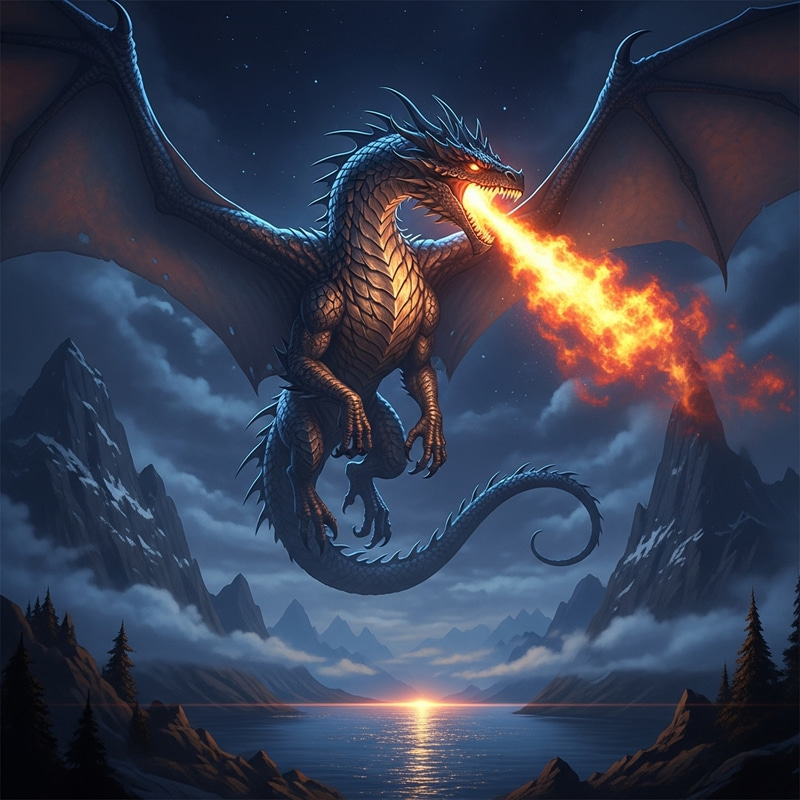 Fiery Dragon in Night Sky | Mythical Creature Breathing Flames