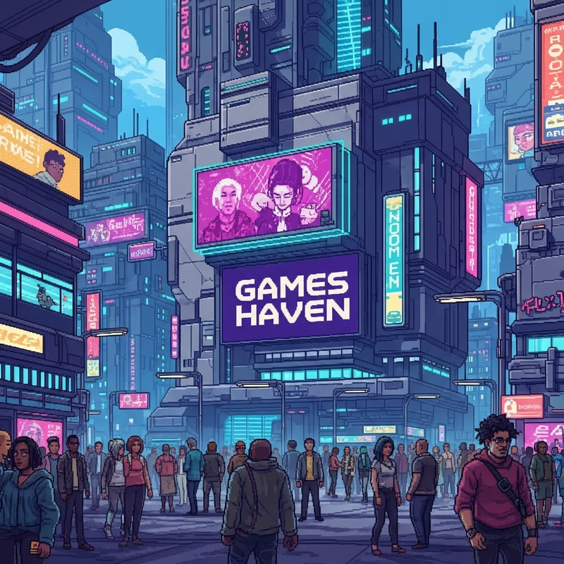 Vibrant Cyberpunk City with Games Haven Sign Vibrant Cyberpunk City with Games Haven Sign