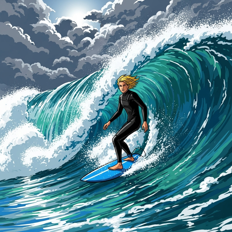 Blond Surfer Riding the Ocean Wave