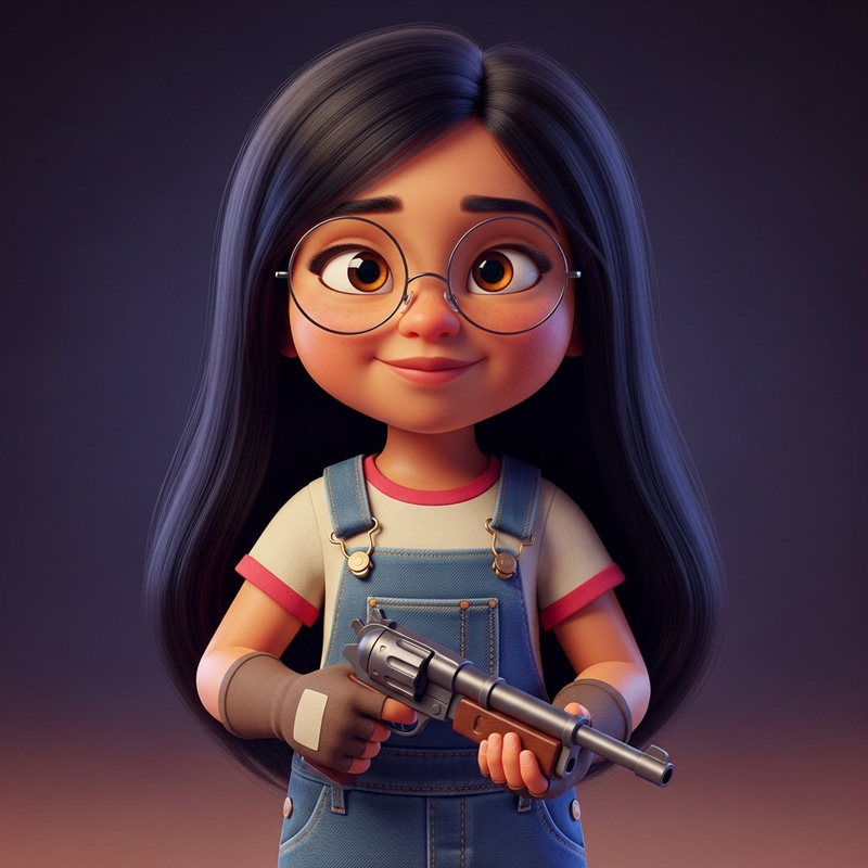 Hispanic Girl with Round Glasses & Toy Gun - Colorful Pixar Style Animation