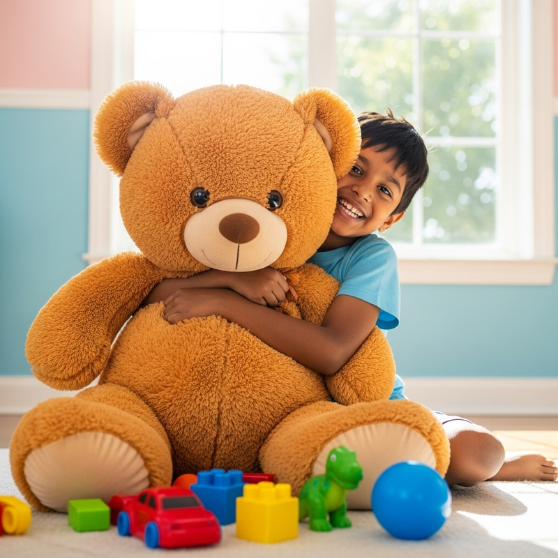Happy Child Hugging Toy Bear