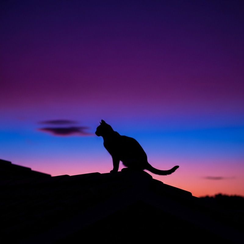 Silhouette of a Cat on Rooftop under Dark Purple Dusk Sky Silhouette of a Cat on Rooftop under Dark Purple Dusk Sky
