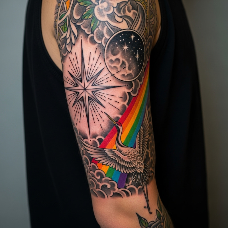 Intricate Arm Tattoo Design with Star, Rainbow, Moon, and Crane Intricate Arm Tattoo Design with Star, Rainbow, Moon, and Crane
