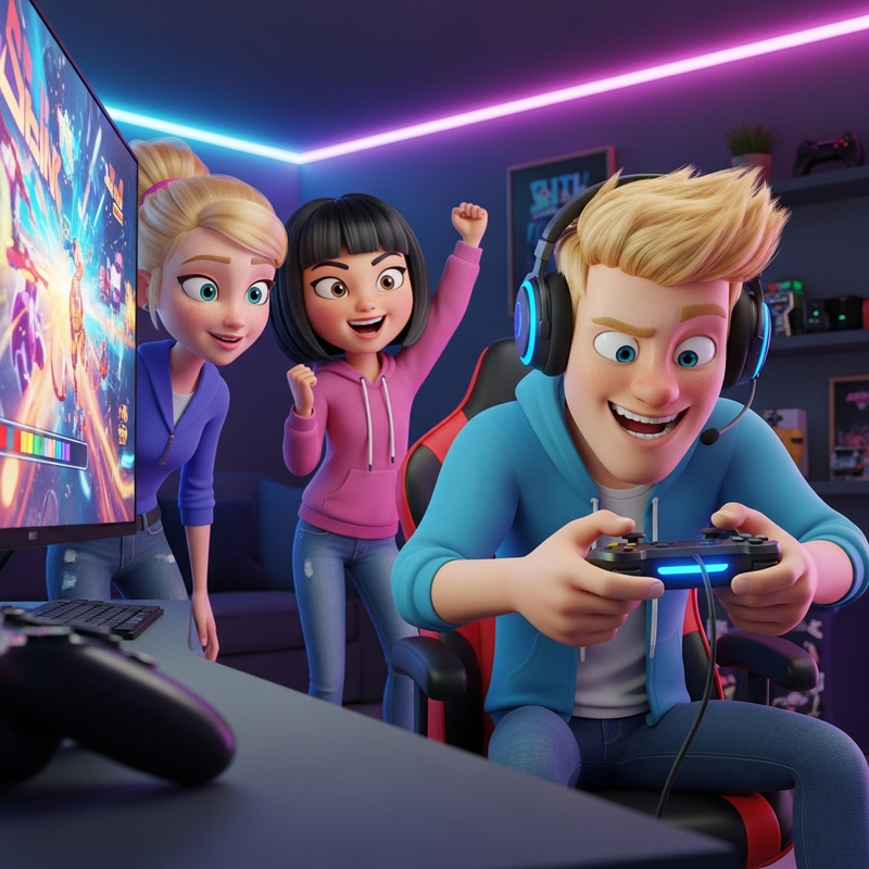 Vibrant 3D Cartoon of Passionate Gamers