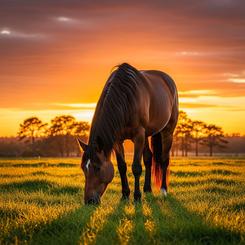 Brown Horse in Peaceful Sunset Field Brown Horse in Peaceful Sunset Field