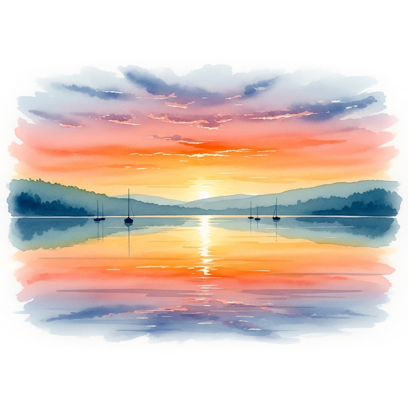 Tranquil Lake Sunset Watercolor Artwork Tranquil Lake Sunset Watercolor Artwork