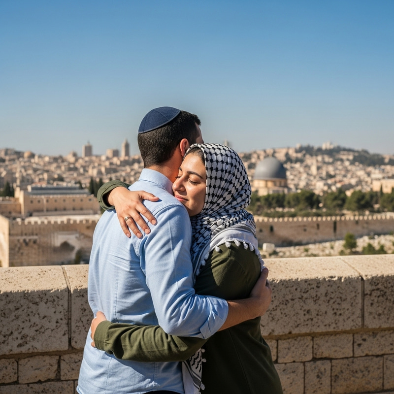 Israeli and Palestinian Embracing in Jerusalem Landscape