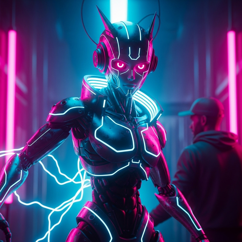 Detailed Futuristic Anime Android with Neon Lights - Cyberpunk Scene