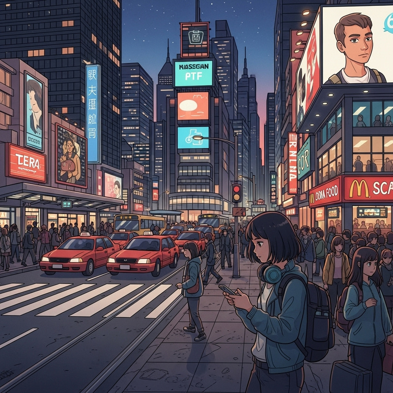 Fast-paced Urban Hustle: Black Haired Girl in Vibrant Cityscape