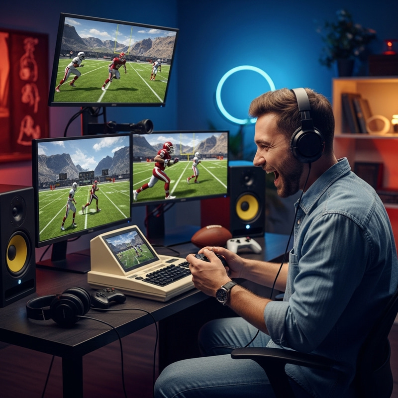 Exciting Gaming Enthusiast Seated in Front of Classic Console Playing NFL Game Exciting Gaming Enthusiast Seated in Front of Classic Console Playing NFL Game