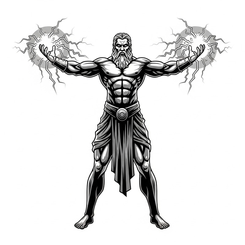 Zeus-Inspired Lightning Deity Logo: Muscular Figure in Black and White Zeus-Inspired Lightning Deity Logo: Muscular Figure in Black and White