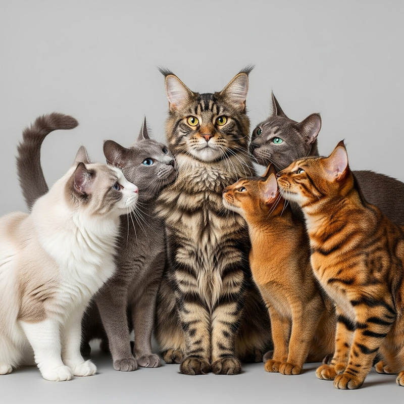 Five Male Cats Adoring Female Maine Coon
