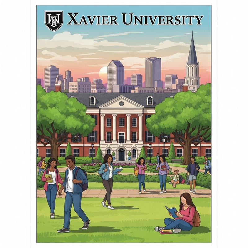 Xavier University of New Orleans Campus Poster - Vibrant Campus Life & Skyline Views Xavier University of New Orleans Campus Poster - Vibrant Campus Life & Skyline Views