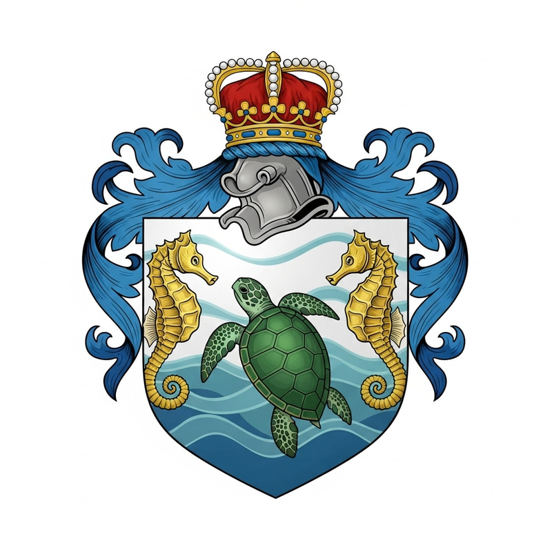 Marine Coat of Arms: Turtle, Seahorses, & Serenity Marine Coat of Arms: Turtle, Seahorses, & Serenity