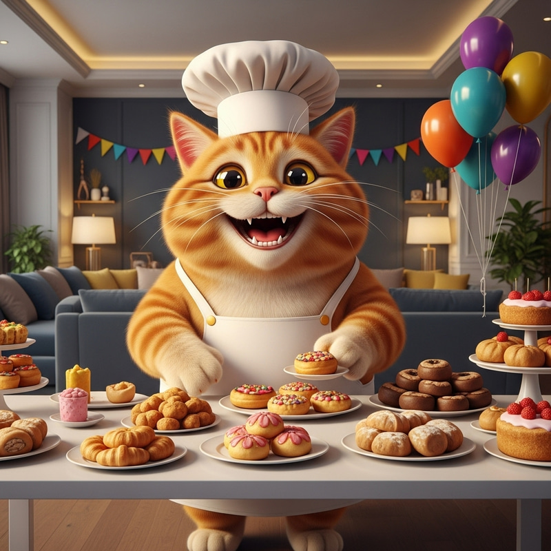 Realistic British Cat Chef Serving Pastries in Spacious Room