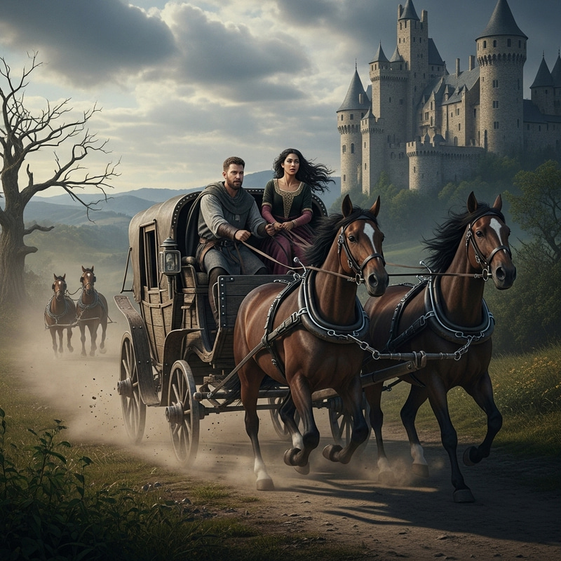 Medieval Man and Woman Fleeing Palace in Horse Carriage Scene