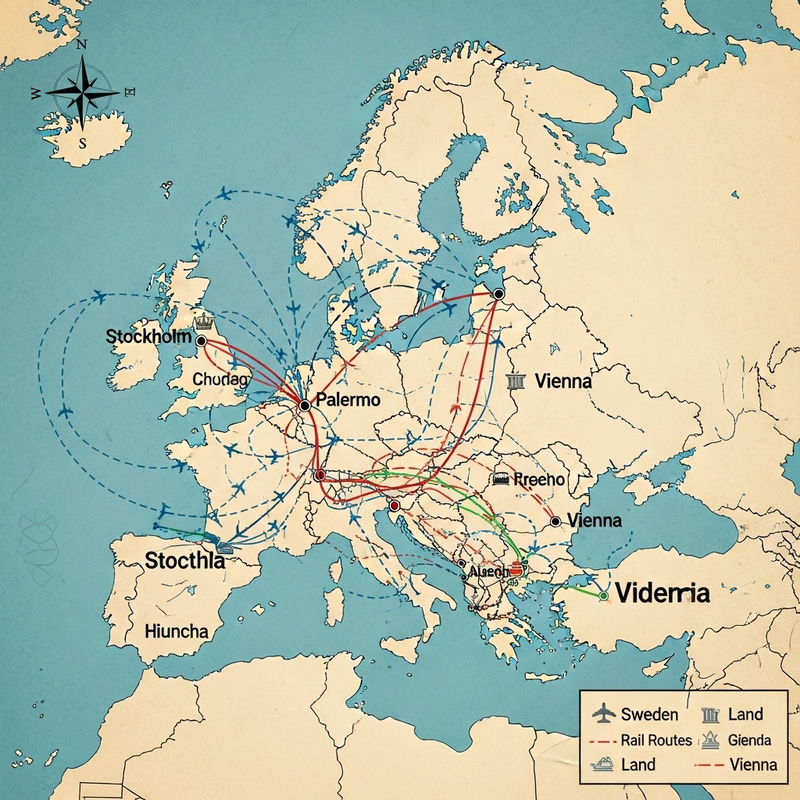Europe Map: Stockholm, Palermo, Vienna & Routes to Sweden, Italy, Austria with Different Routes Europe Map: Stockholm, Palermo, Vienna & Routes to Sweden, Italy, Austria with Different Routes
