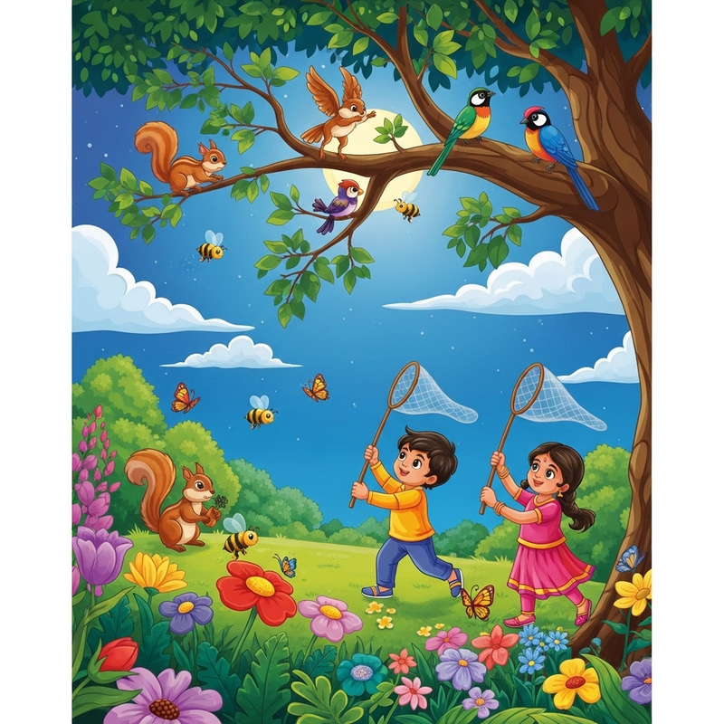 Multicolored Children's Garden Scene at Night - Playful Squirrels, Bees, Birds Multicolored Children's Garden Scene at Night - Playful Squirrels, Bees, Birds