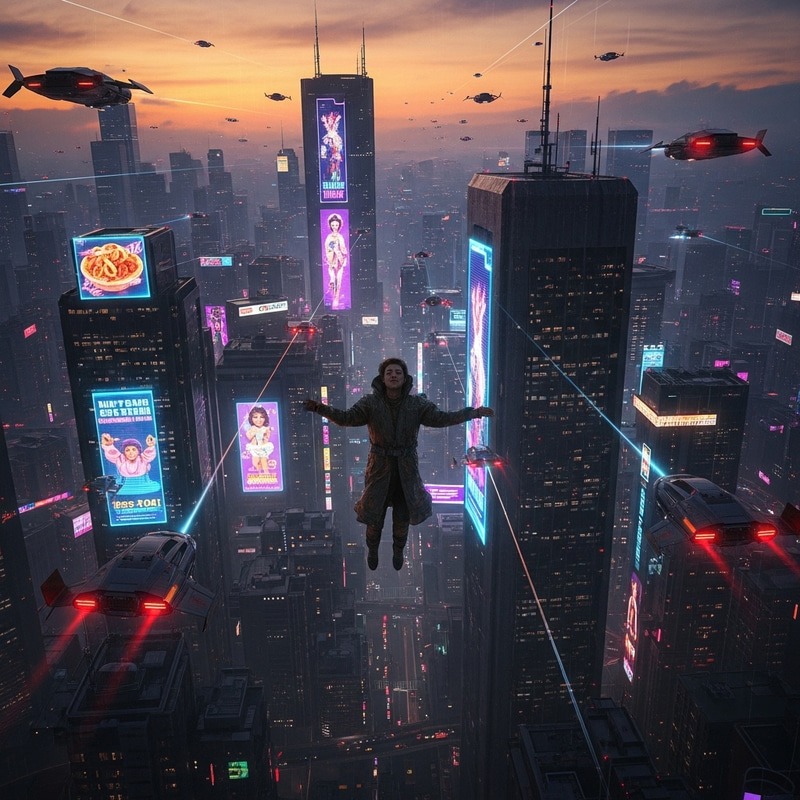 Tranquil Figure Falling in Blade Runner-Inspired Scene Tranquil Figure Falling in Blade Runner-Inspired Scene