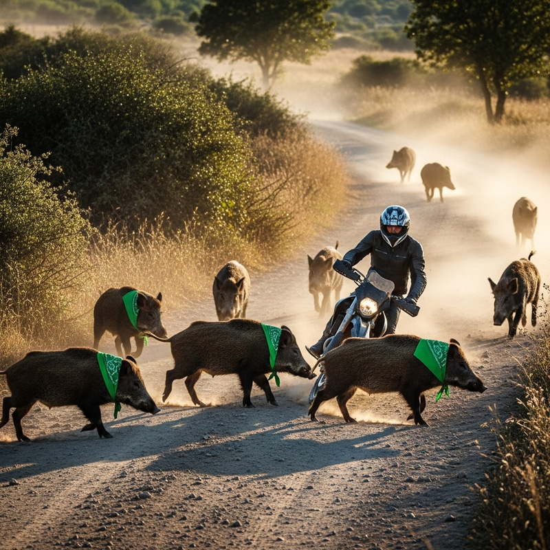 Wild Boars with Green Kerchiefs Confront Motorcyclist on Rural Road