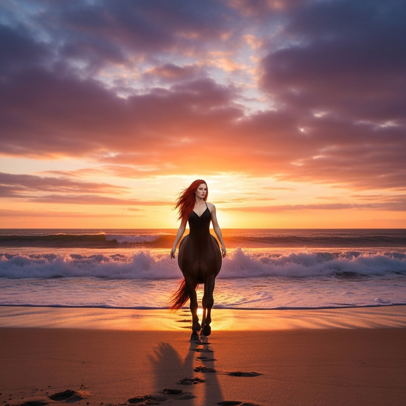 Stunning Red-Haired Centaur on Beach at Sunset - Mythical Beauty Stunning Red-Haired Centaur on Beach at Sunset - Mythical Beauty
