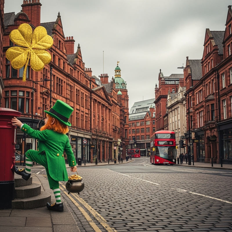Leprechaun in Birmingham, England - Fantasy Scene with Pot of Gold Leprechaun in Birmingham, England - Fantasy Scene with Pot of Gold