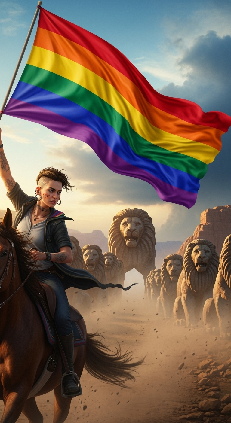 Valiant LGBTQ+ Warrior Riding Horse with Rainbow Flag