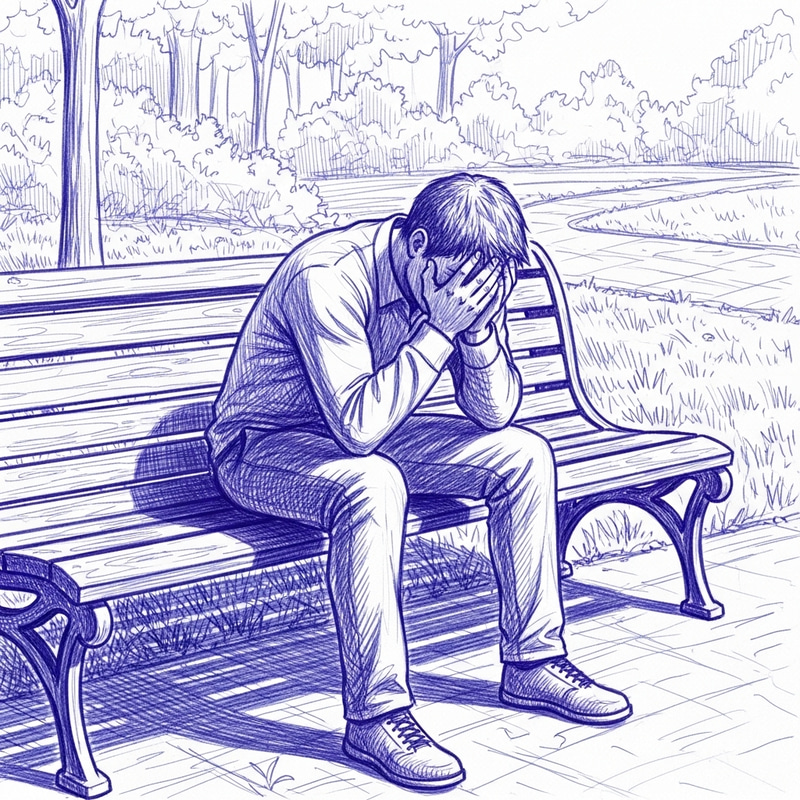 Emotionally Distressed Man on Park Bench - High Quality 8K Ultra HD Artwork Emotionally Distressed Man on Park Bench - High Quality 8K Ultra HD Artwork