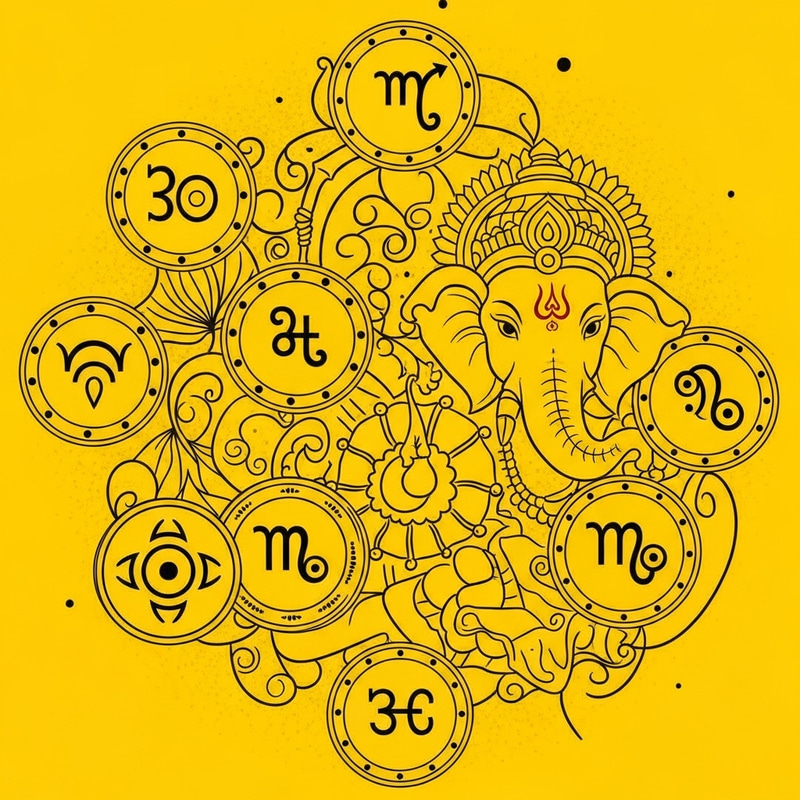 Yellow Vedic Astrology Image Featuring Nakshatras and Ganesha Yellow Vedic Astrology Image Featuring Nakshatras and Ganesha
