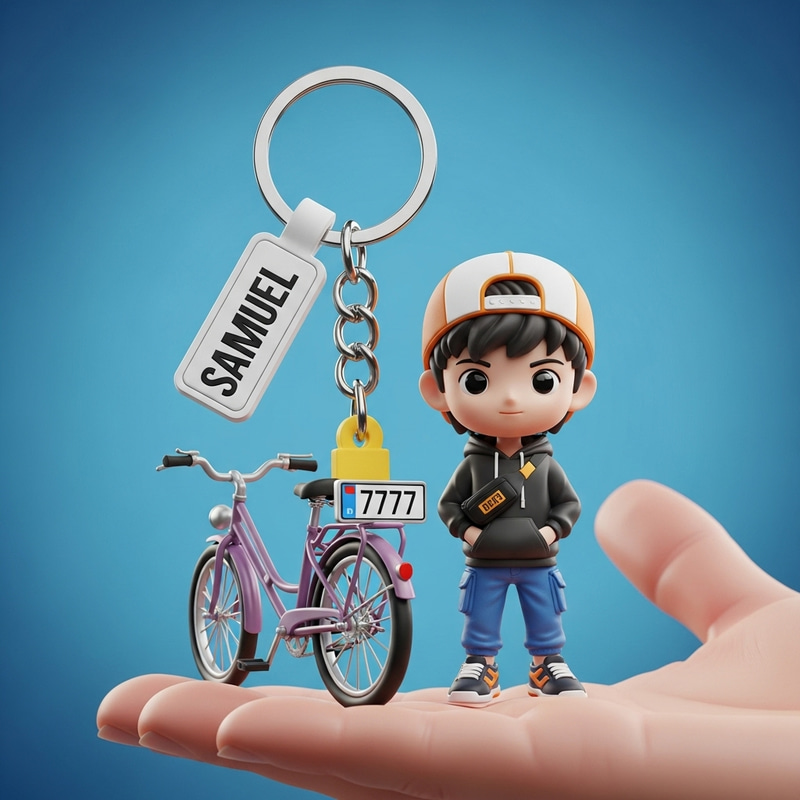 3D Keychain: Isah in Trendy Clothes Standing with Bike | Dynamic Number 7777 3D Keychain: Isah in Trendy Clothes Standing with Bike | Dynamic Number 7777