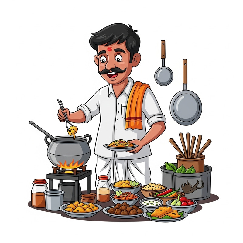 Cartoon Man in Dhoti Cooking Street Food