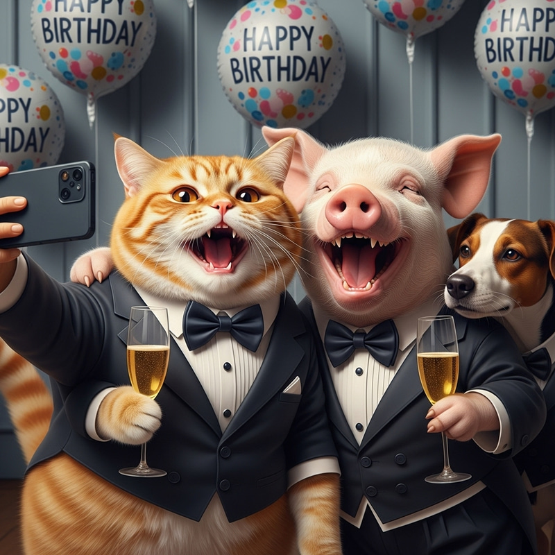 Realistic British Cat and Pig in Tuxedo Selfie with Dog | Birthday Celebration