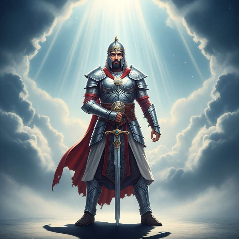 Warrior of God in Shimmering Armor - Divine Battle Scene