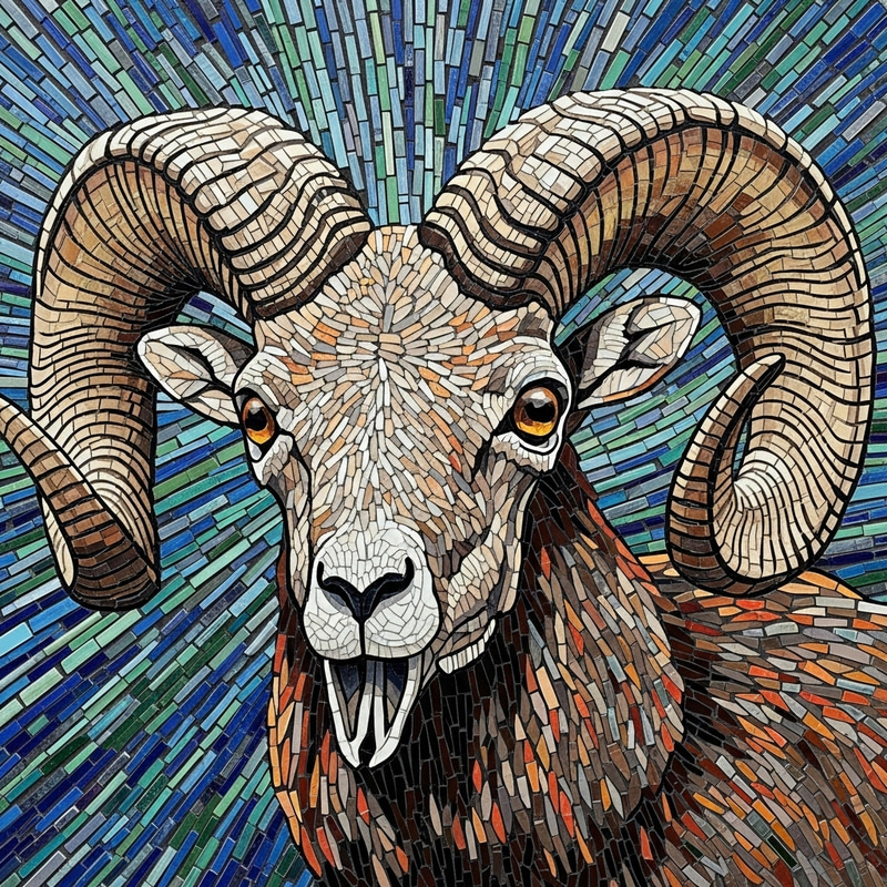 Colorful Bighorn Sheep Skull Mosaic Art