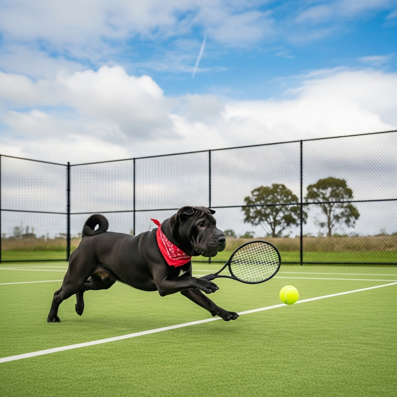 Adorable Black Sharpei Dog Playing Tennis Outdoors Adorable Black Sharpei Dog Playing Tennis Outdoors