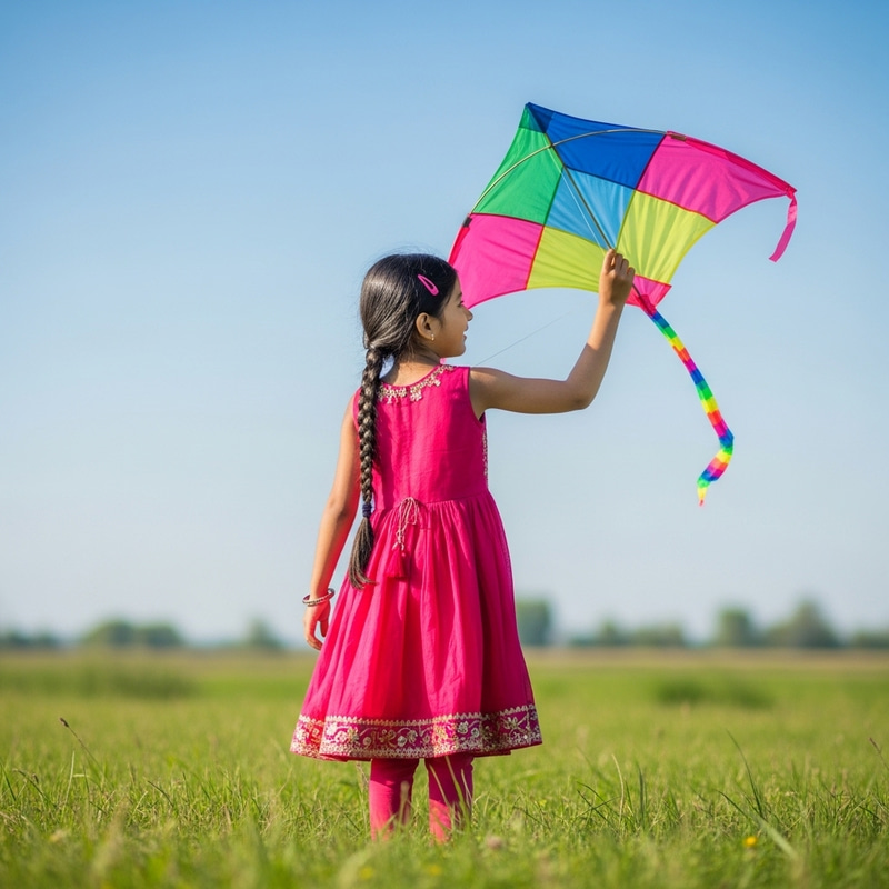 Young Girl Flying Multicolored Kite in Green Meadow