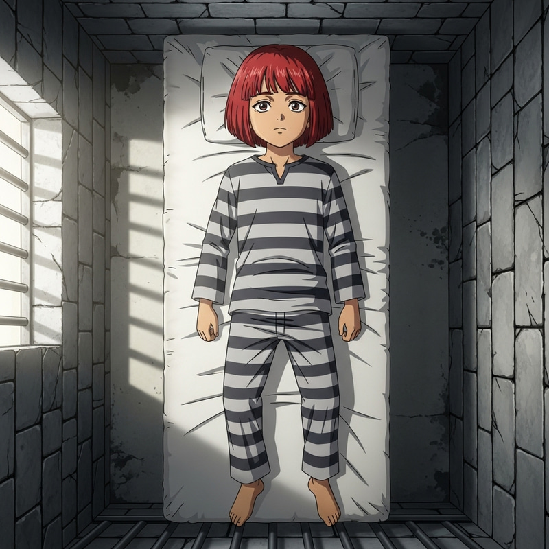 Anime Style Young Boy in Prison: Scarlet Hair Illustration