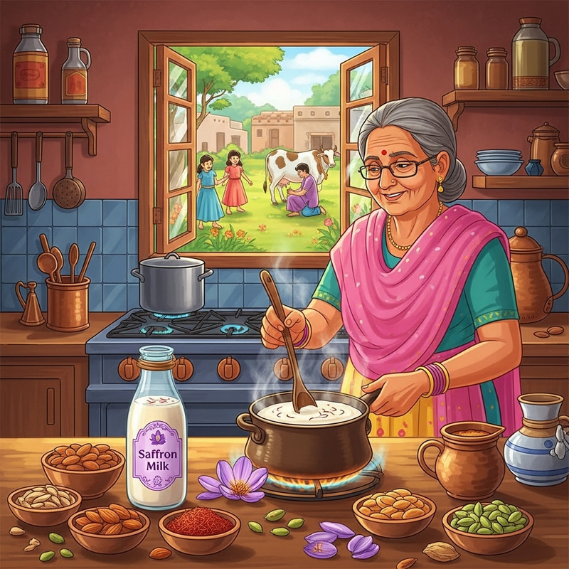 Traditional Indian Kitchen: Colors, Kids Playing, Saffron Milk and Aroma Traditional Indian Kitchen: Colors, Kids Playing, Saffron Milk and Aroma