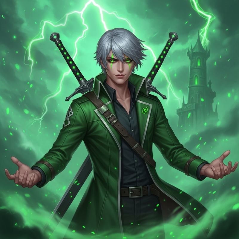 Young Male Necromancer with Green Eyes & Two Swords in Green Mist Young Male Necromancer with Green Eyes & Two Swords in Green Mist