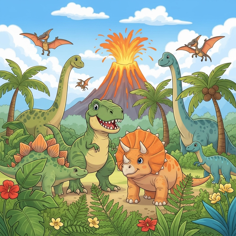 Colorful Dinosaur Cake Illustration: T-Rex, Triceratops, Brachiosaurus Colorful Dinosaur Cake Illustration: T-Rex, Triceratops, Brachiosaurus