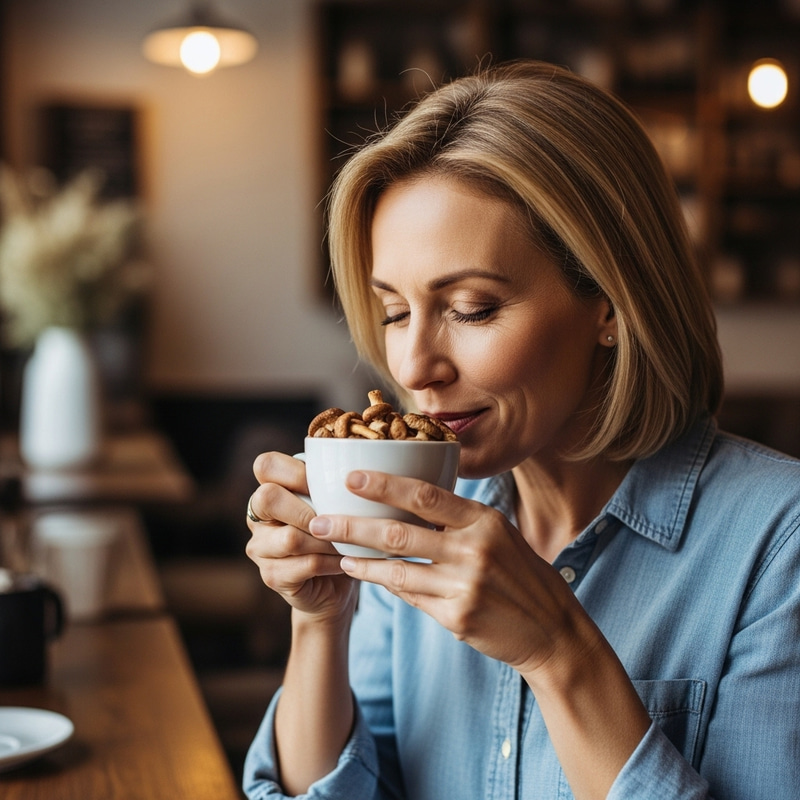 Exquisite Portrait of Middle-Aged Woman Enjoying Mushroom Coffee Exquisite Portrait of Middle-Aged Woman Enjoying Mushroom Coffee