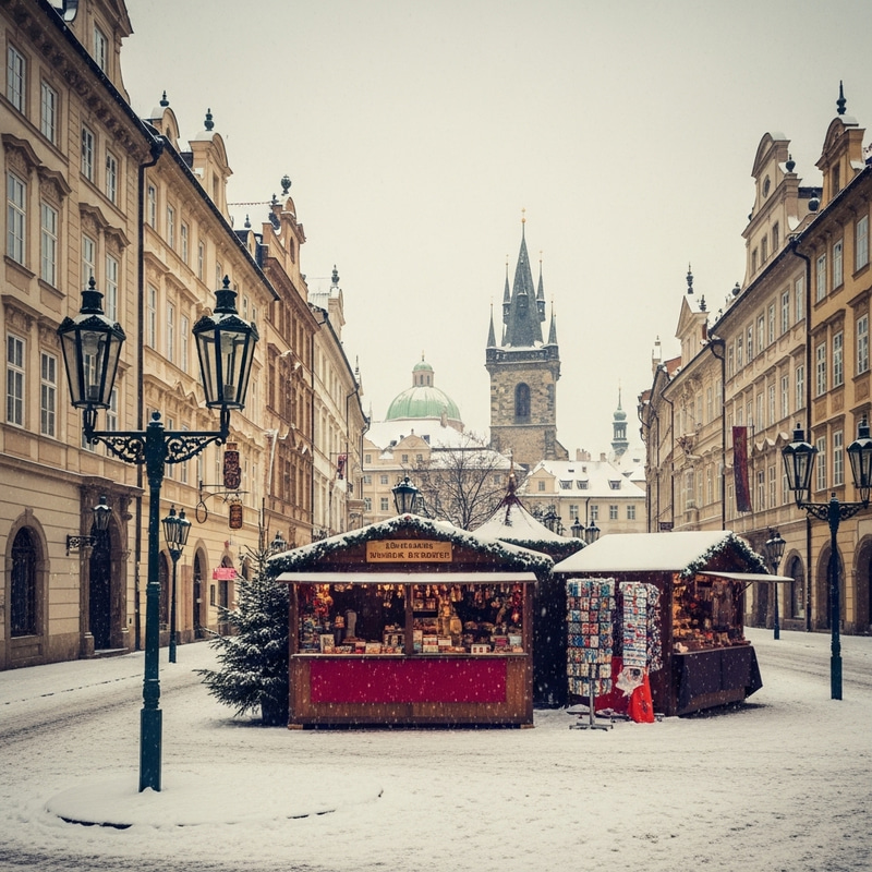 Vintage Snowy Scene: Old Town Prague Christmas Market