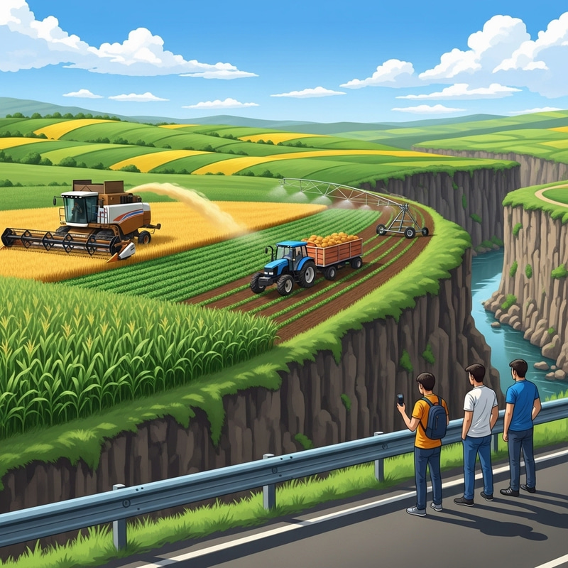 Picturesque Field with Corn, Barley, Peas, Beans, and Machinery | Akhuryan River Gorge Harvest Scene