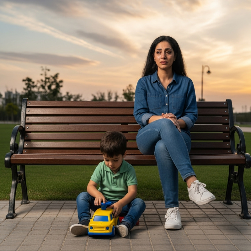 Heartbreaking Scene: Devastated Woman with Engrossed Child Heartbreaking Scene: Devastated Woman with Engrossed Child