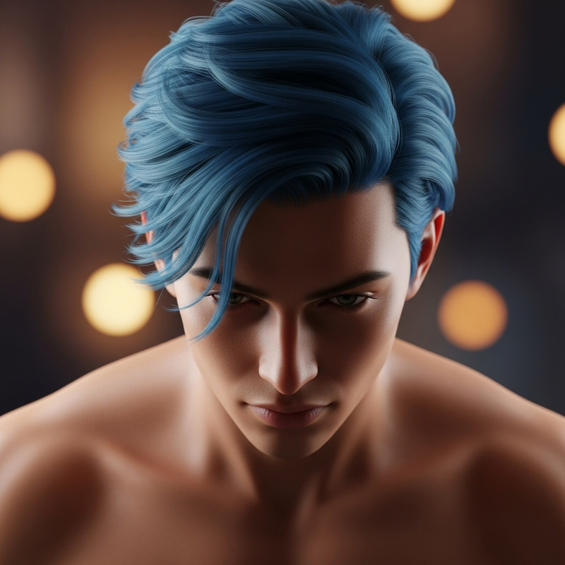 Captivating Blue-Haired Asian Man's Intense Gaze