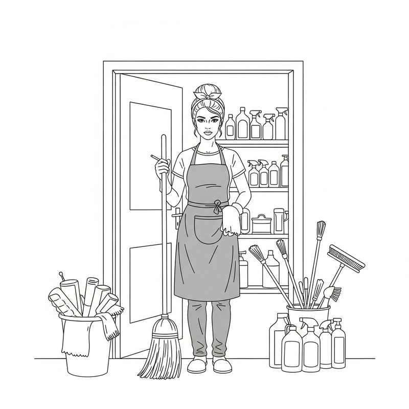 Fine Line Sketch of European Cleaning Lady in Gray Apron