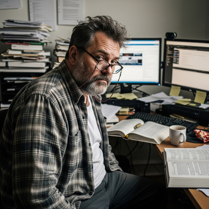 Disheveled Middle-Aged Political Analyst at Work Disheveled Middle-Aged Political Analyst at Work