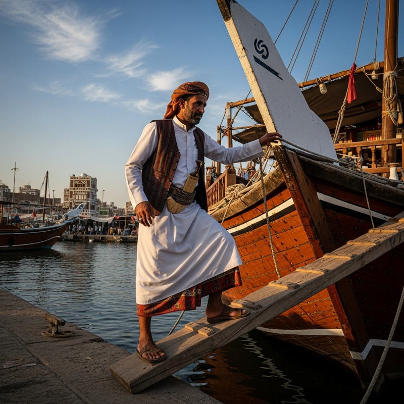 Traditional Yemeni Man Stepping on a Ship